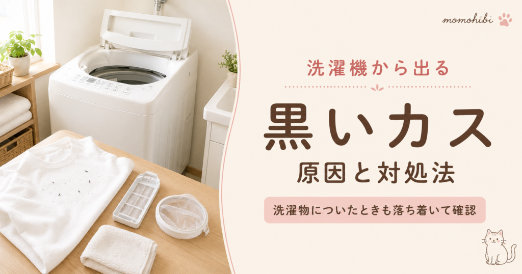 洗濯物についた黒いカスと縦型洗濯機