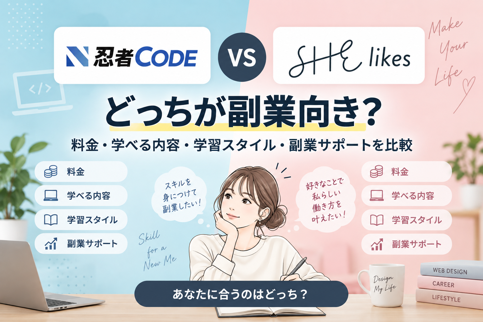 忍者CODEとSHElikesはどっちが副業向き？料金・学べる内容・学習スタイル・副業サポートを比較する記事